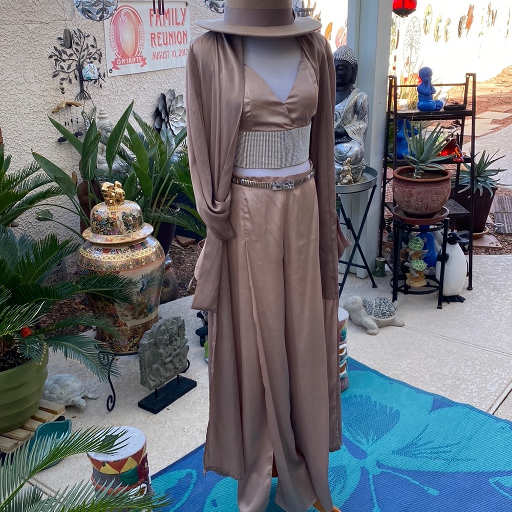 Lulumari Satin Two-Piece Jumpsuit Set in Taupe